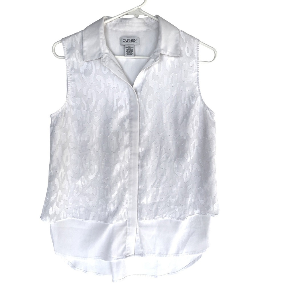 Carmen Marc Valvo Womens XS White Sleeveless Leopard Print Layered Blouse Top